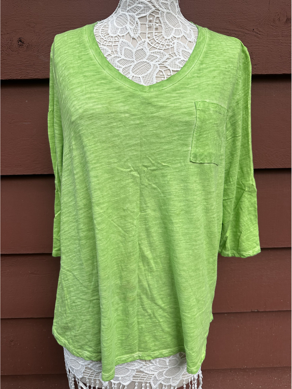 Sunsets & Sweet Tea Lime Green 3/4 Sleeve V Neck Tee Casual Y2K Preppy